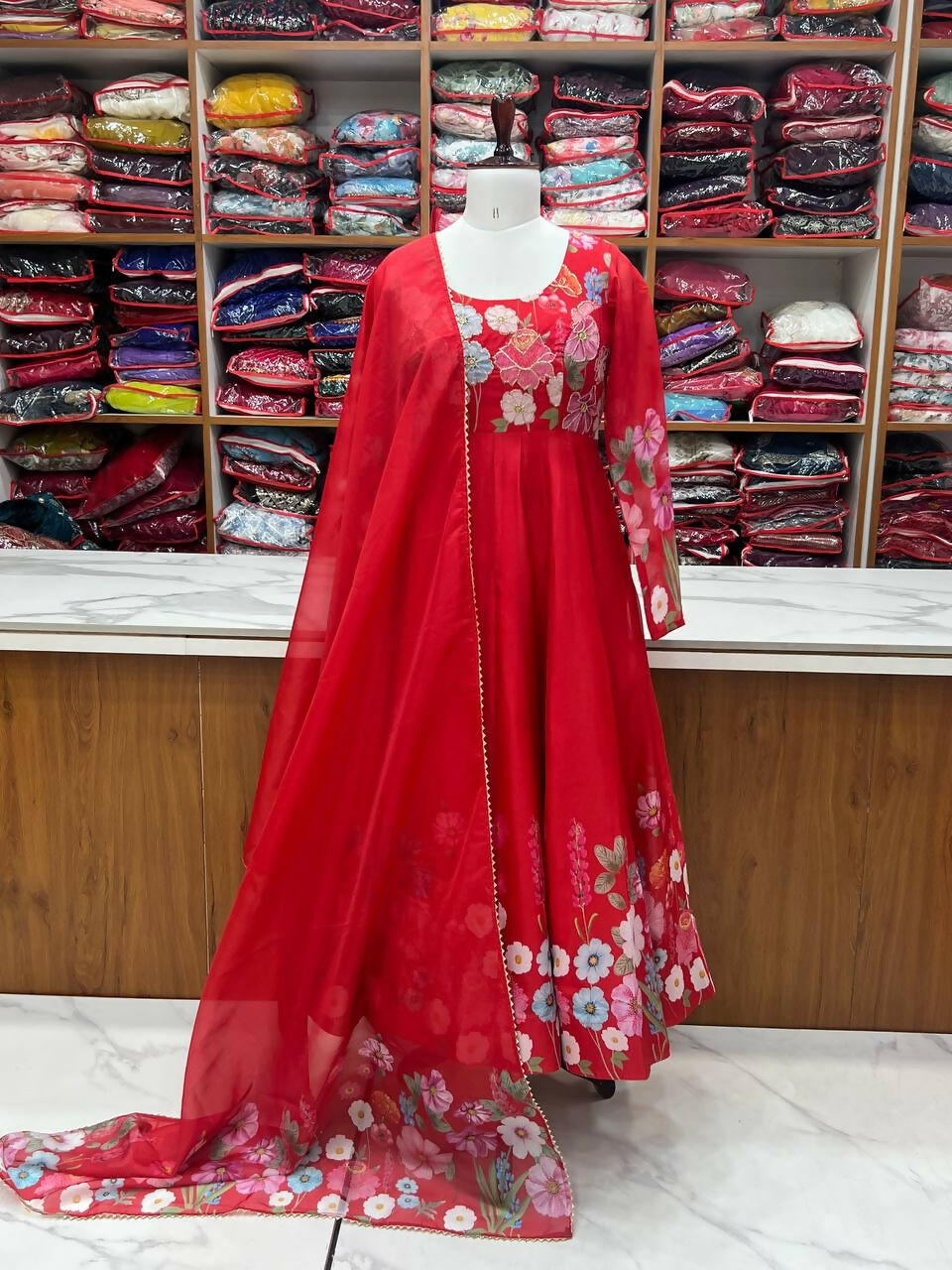 The52 Women's Gorgeous Floral Printed Organza Silk Fabric Flared Anarkali Pant and Dupatta Set | Grocsy
