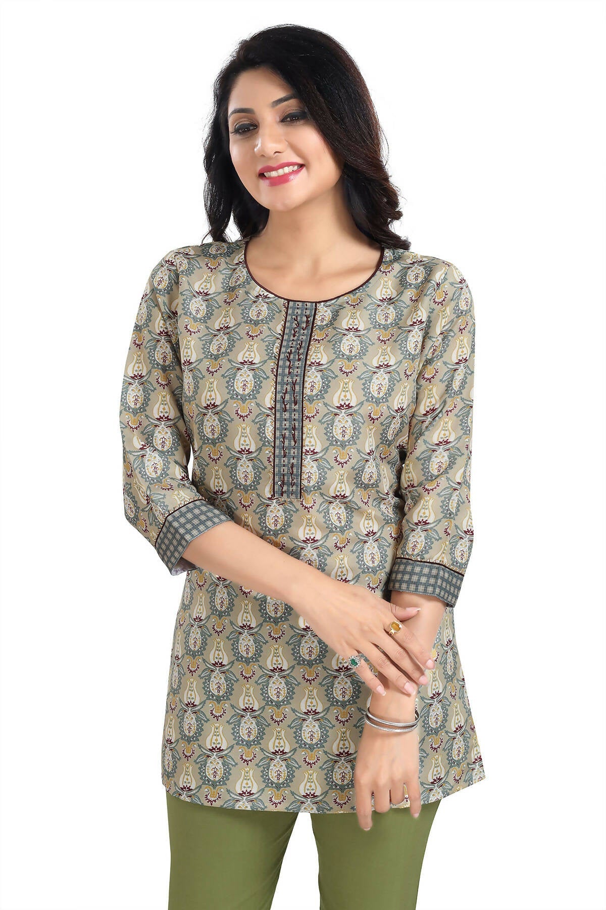 Snehal Creations Pretty Pastle Variyali Green Rayon Short Kurti Tunic Top | Grocsy