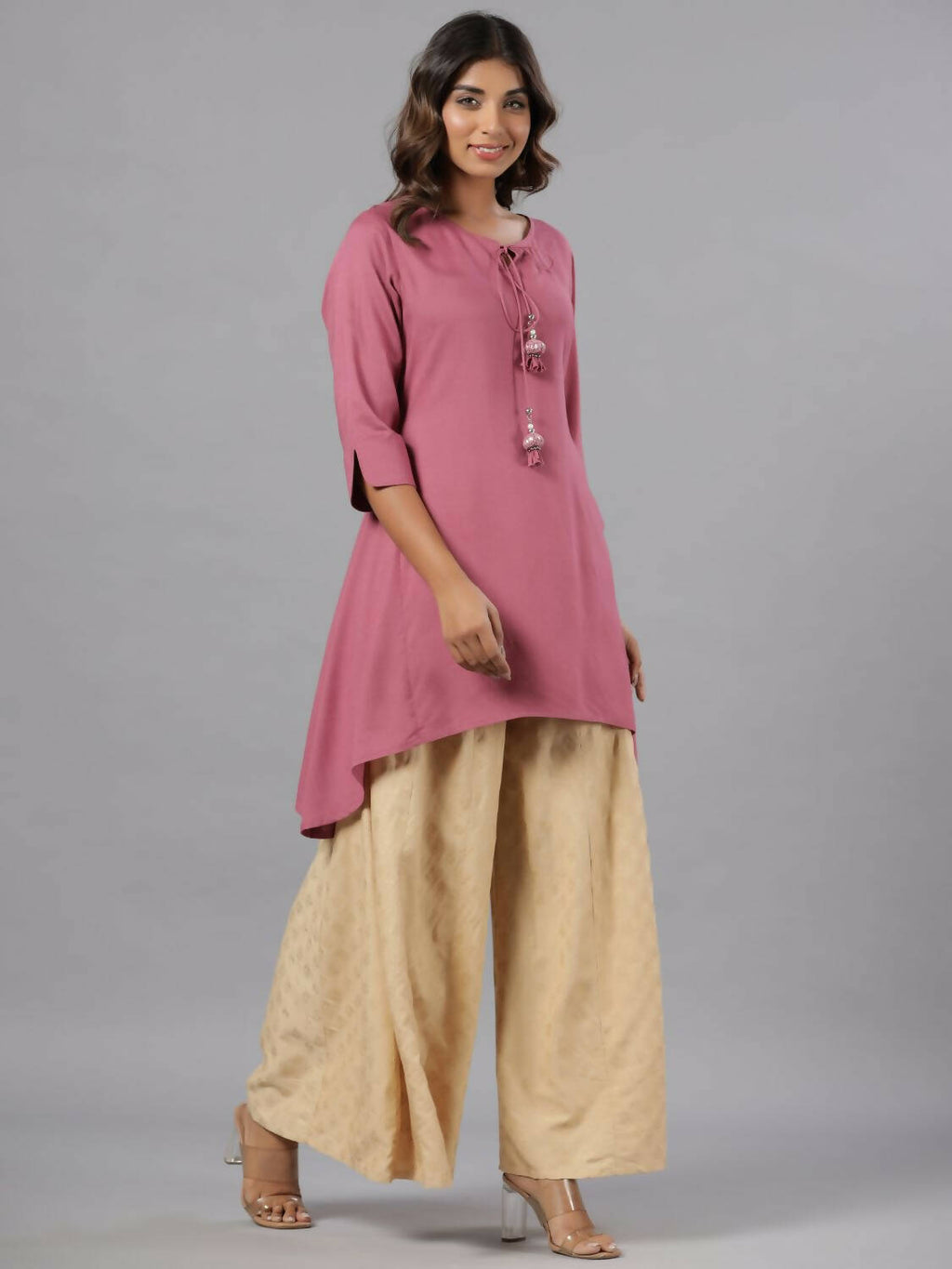 Juniper Women Mauve Rayon Solid Asymmetric Kurta | Grocsy