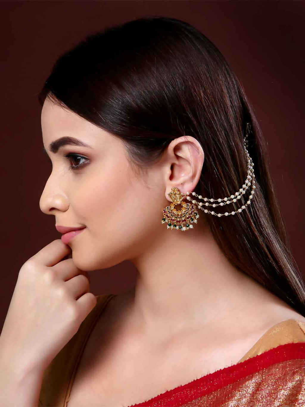NVR Pearl Studded Classic Gold-Polished 3 Line Ear Chain Ear Cuff | Grocsy