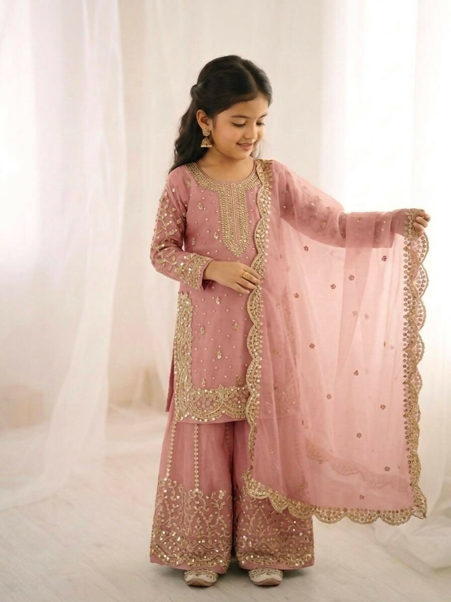 Teeya Creation New Trendy Fully Stitched Ready to Wear Kids Kurta Palazzo Set-Pink | Grocsy