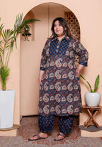 Miravan Womens Plus Size Cotton Floral Printed Shirt-Collar Straight Kurta and Palazzo set | Grocsy