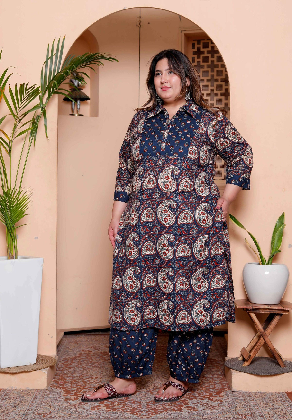 Miravan Womens Plus Size Cotton Floral Printed Shirt-Collar Straight Kurta and Palazzo set | Grocsy