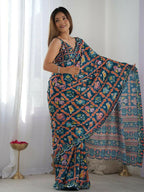 PR Fashion Dark Blue Georgette Digital Print With Mirror Work Saree | Grocsy