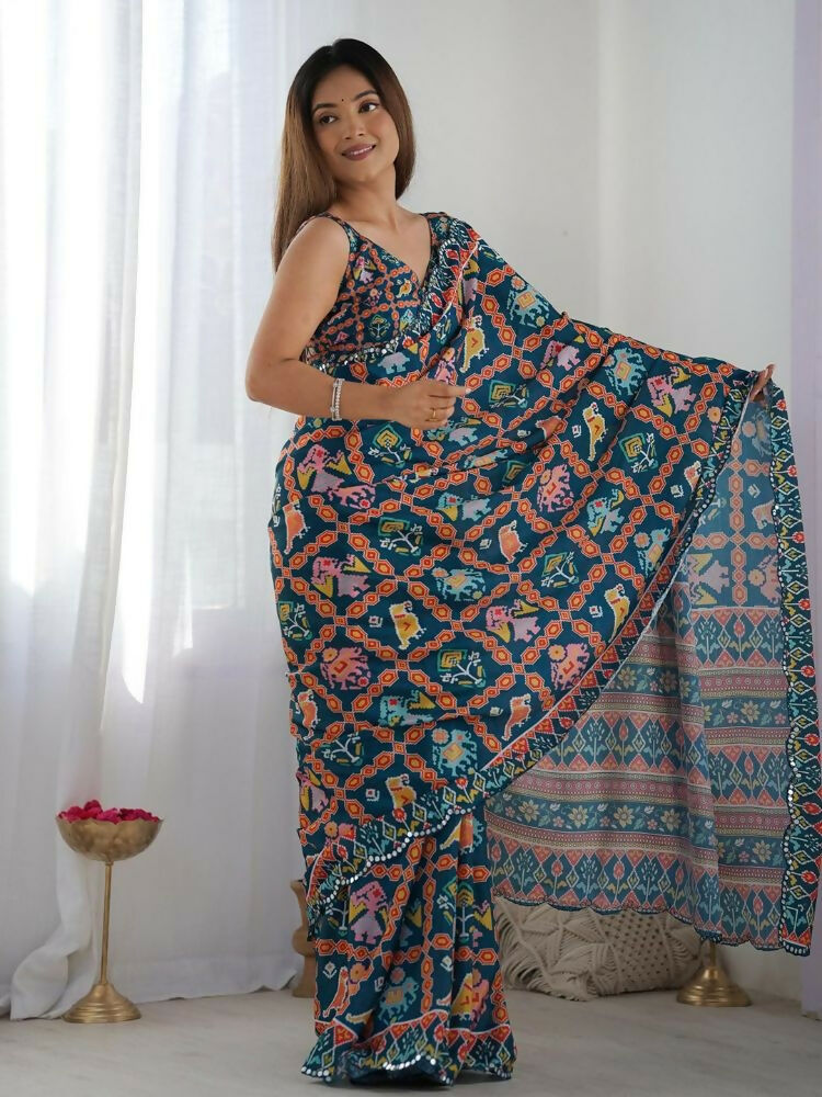 PR Fashion Dark Blue Georgette Digital Print With Mirror Work Saree | Grocsy