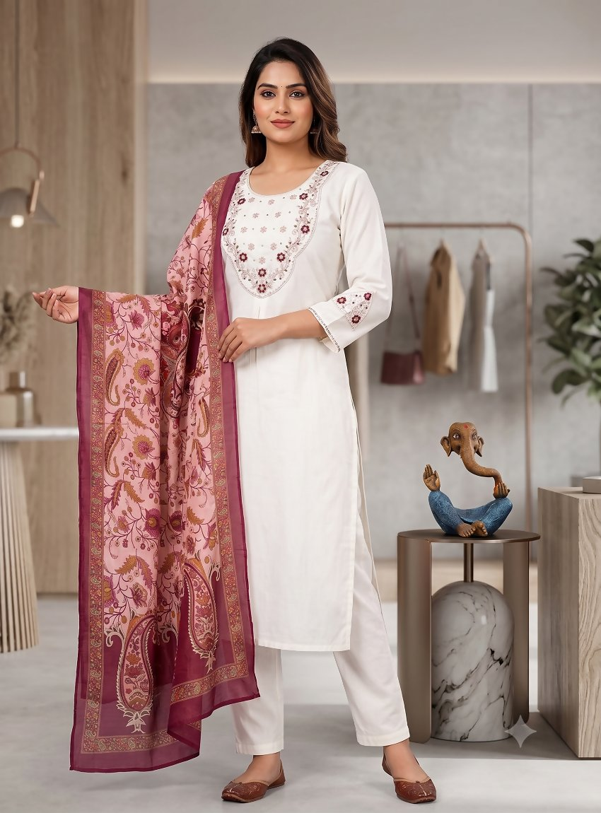 Teeya Creation Women White Embroidered Kurta Pant Set With Dupatta | Grocsy