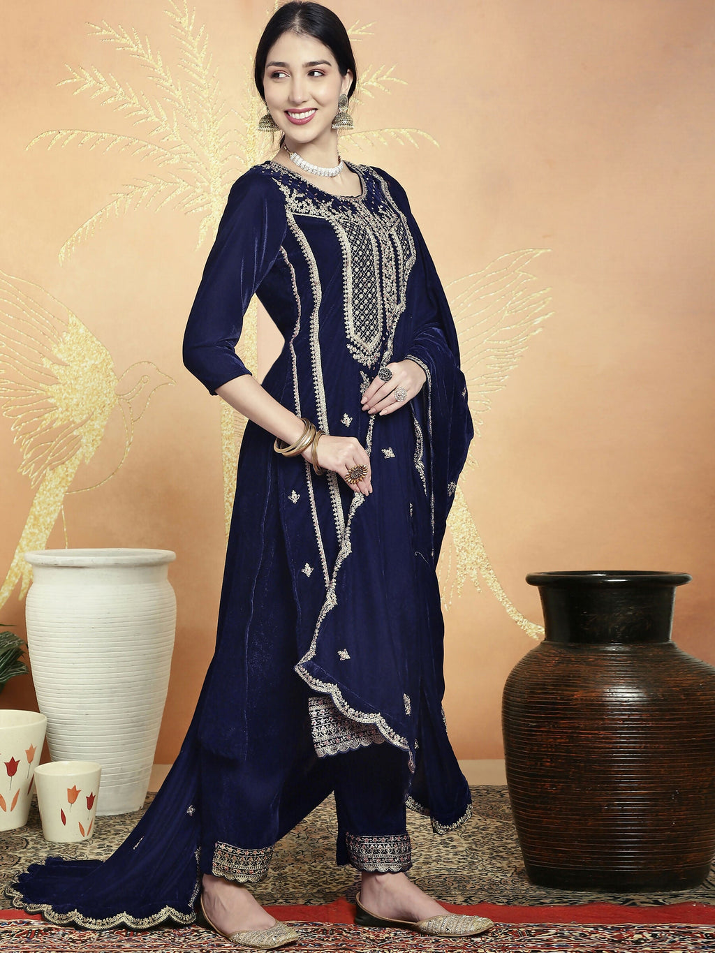 Jyoti Fashion Women's Navy Blue Velvet Cording with Resham Thread & Sequin Kurta with Trouser & Dupatta | Grocsy