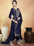 Jyoti Fashion Women's Navy Blue Velvet Cording with Resham Thread & Sequin Kurta with Trouser & Dupatta | Grocsy