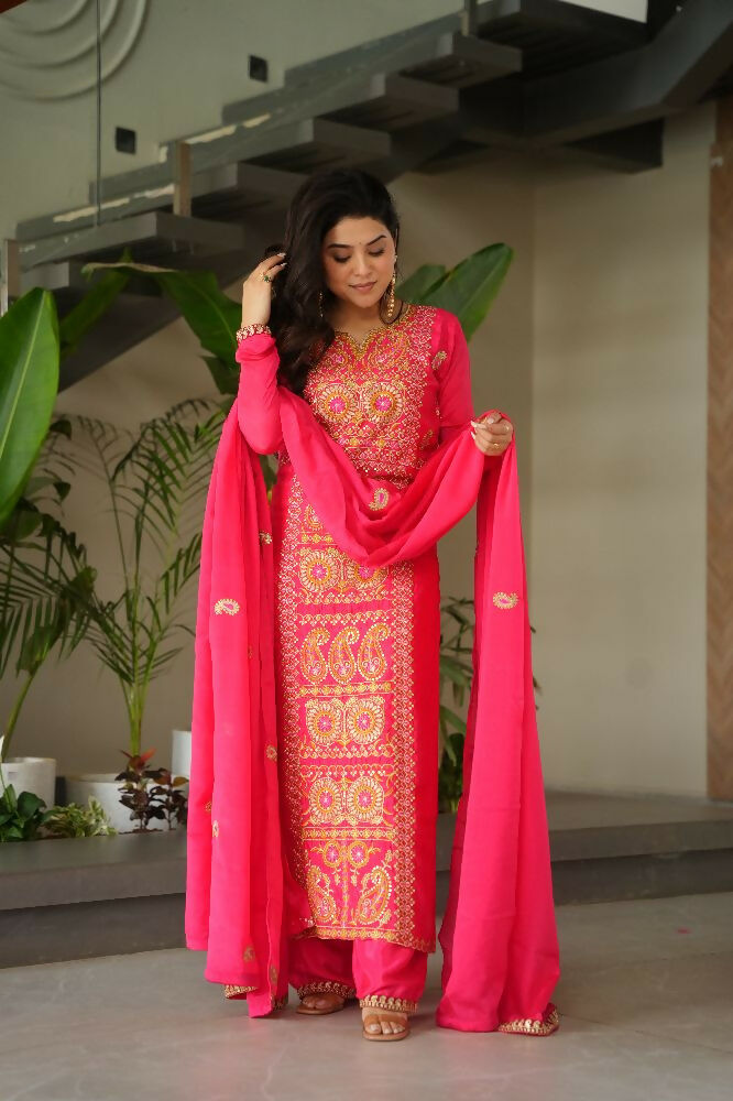 Joban Fashion Gajri Kurta Set Silk Sequins , Zari, Coding & Thread Embroidered work | Grocsy