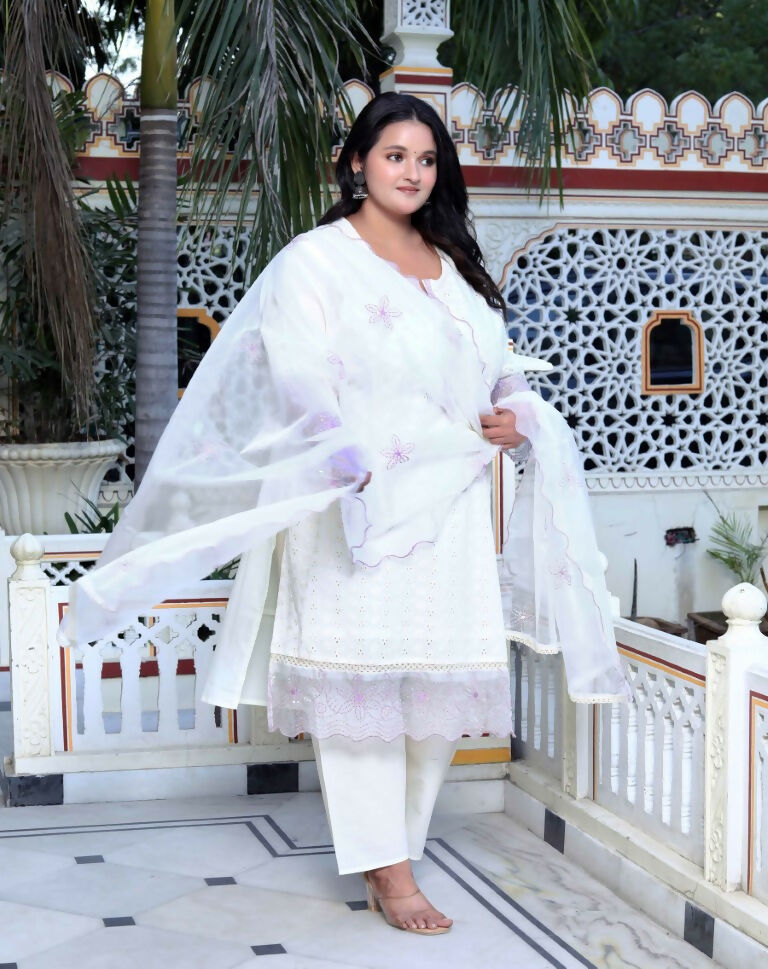 Miravan Women's Plus Size Organza Cotton Chikankari Embroidered With Purple Sequence work Jaipuri Suit Set | Grocsy