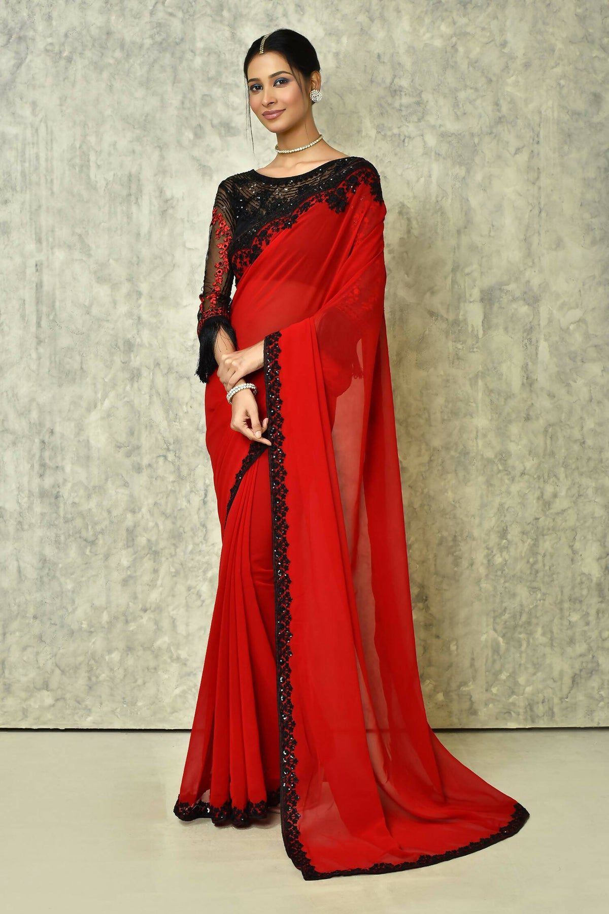 Red Georgette Plain Saree with Blouse Piece - Purvi | Grocsy
