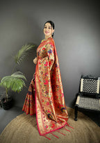 Joban Fashion Golden-Orange Intricate Floral & Leaf Soft Silk Paithani Saree | Grocsy