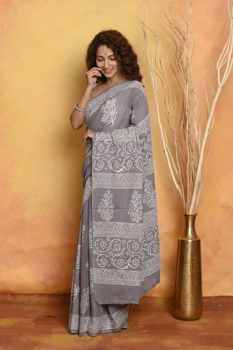 Very Much Indian Handblock Printed Cotton Saree With Natural Dyes - Grey | Grocsy