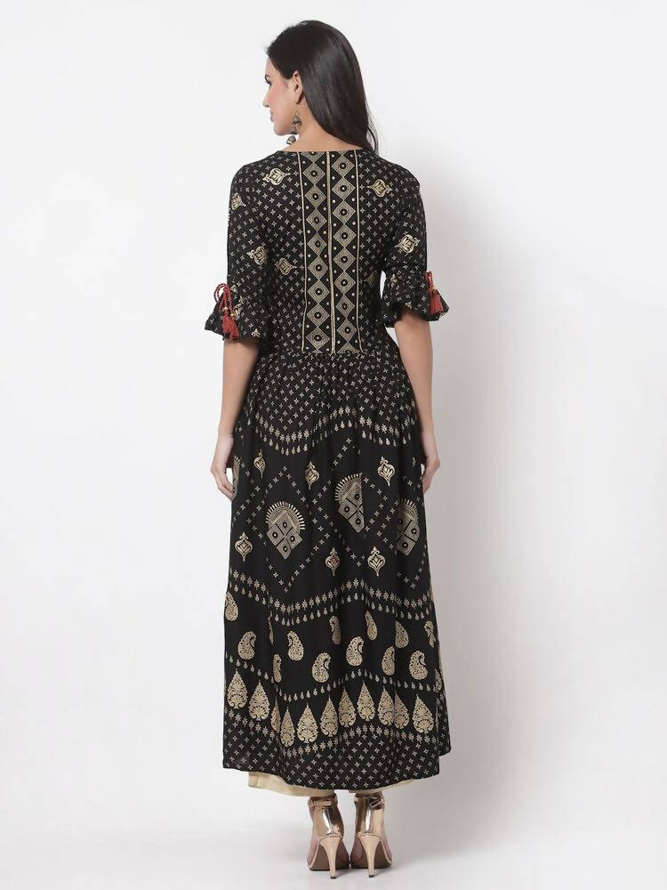 Myshka Women's Black Rayon Printed 3/4 Sleeve V Neck Casual Dress | Grocsy
