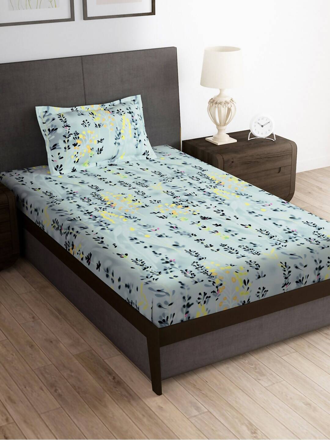 Story@home Arena Grey & Blue Floral Printed 180 TC Bedsheet & Pillow Covers | Grocsy