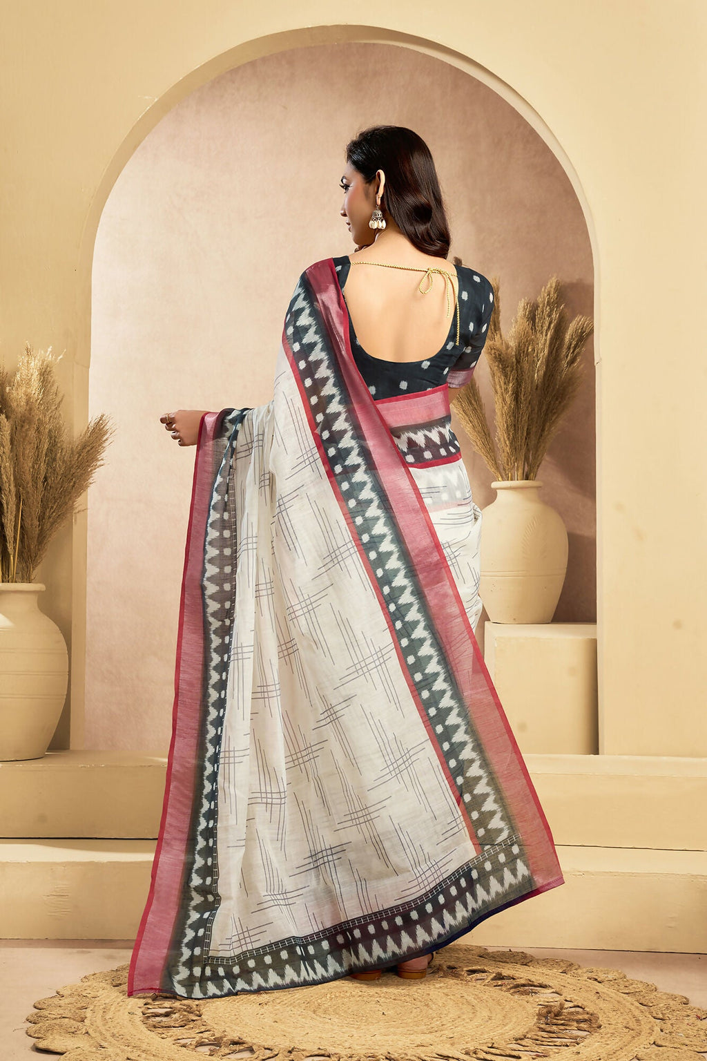 Vastranavya Digital Printed Linen Ready To Wear Pocket Saree with Unstitched Blouse | Grocsy