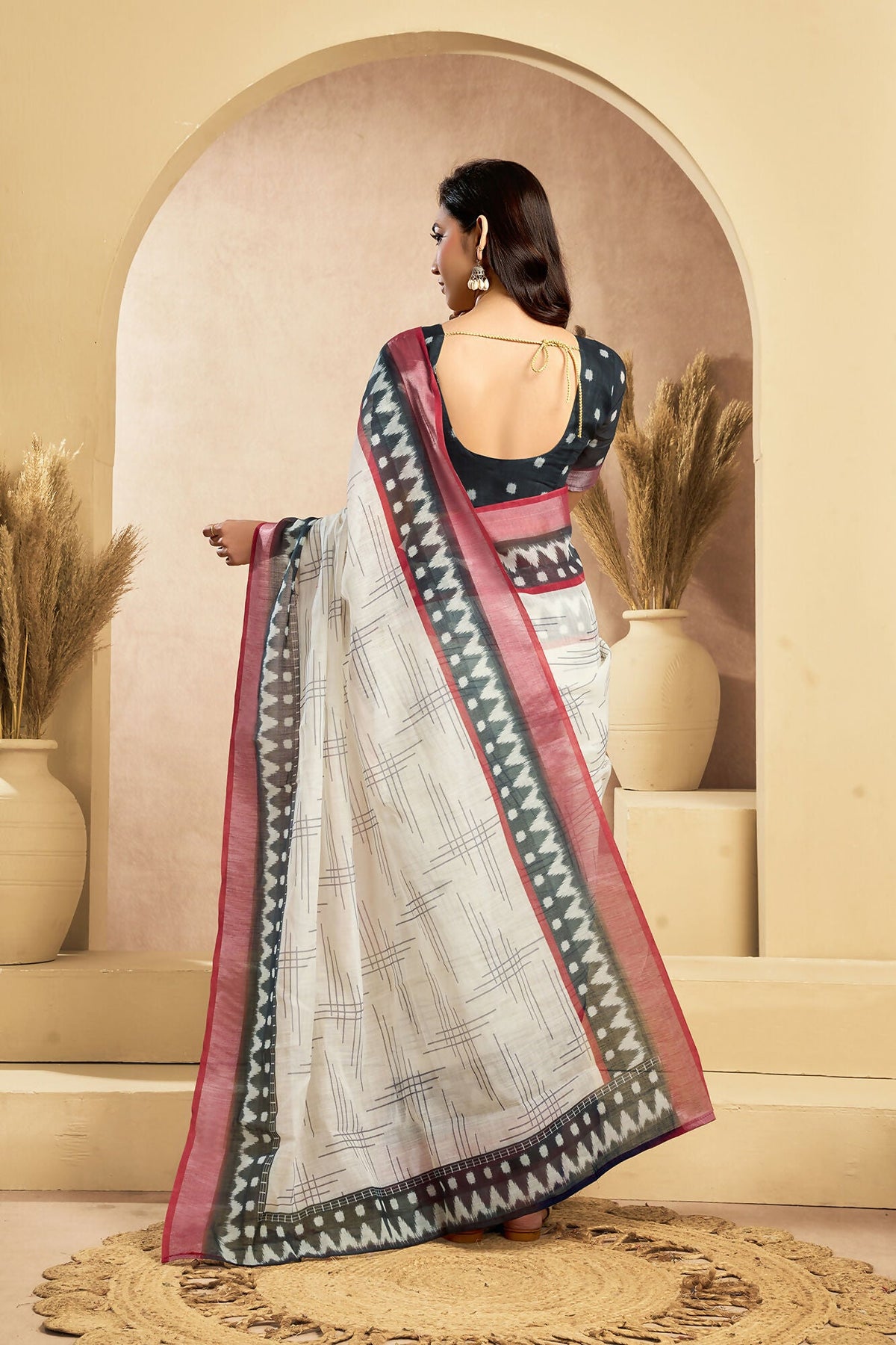 Vastranavya Digital Printed Linen Ready To Wear Pocket Saree with Unstitched Blouse | Grocsy