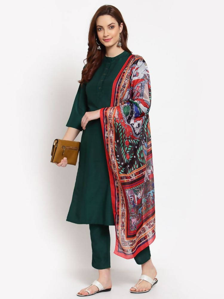 Myshka Women's Green Solid Cotton 3/4 Sleeve Mandarin Neck Casual Kurta Pant Dupatta Set | Grocsy