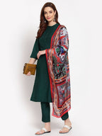 Myshka Women's Green Solid Cotton 3/4 Sleeve Mandarin Neck Casual Kurta Pant Dupatta Set | Grocsy