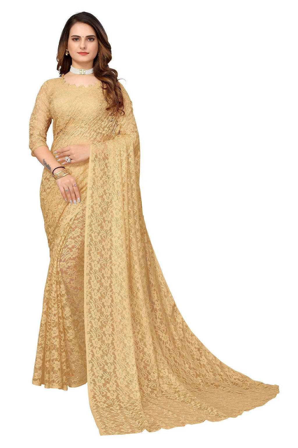 Vamika Brown Pearls Net Saree | Grocsy