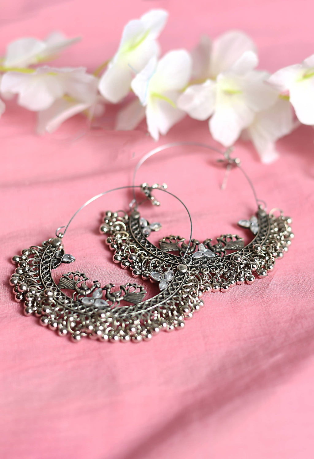 Mominos Fashion Johar Kamal Silver Peacock Design Chandbali Earrings