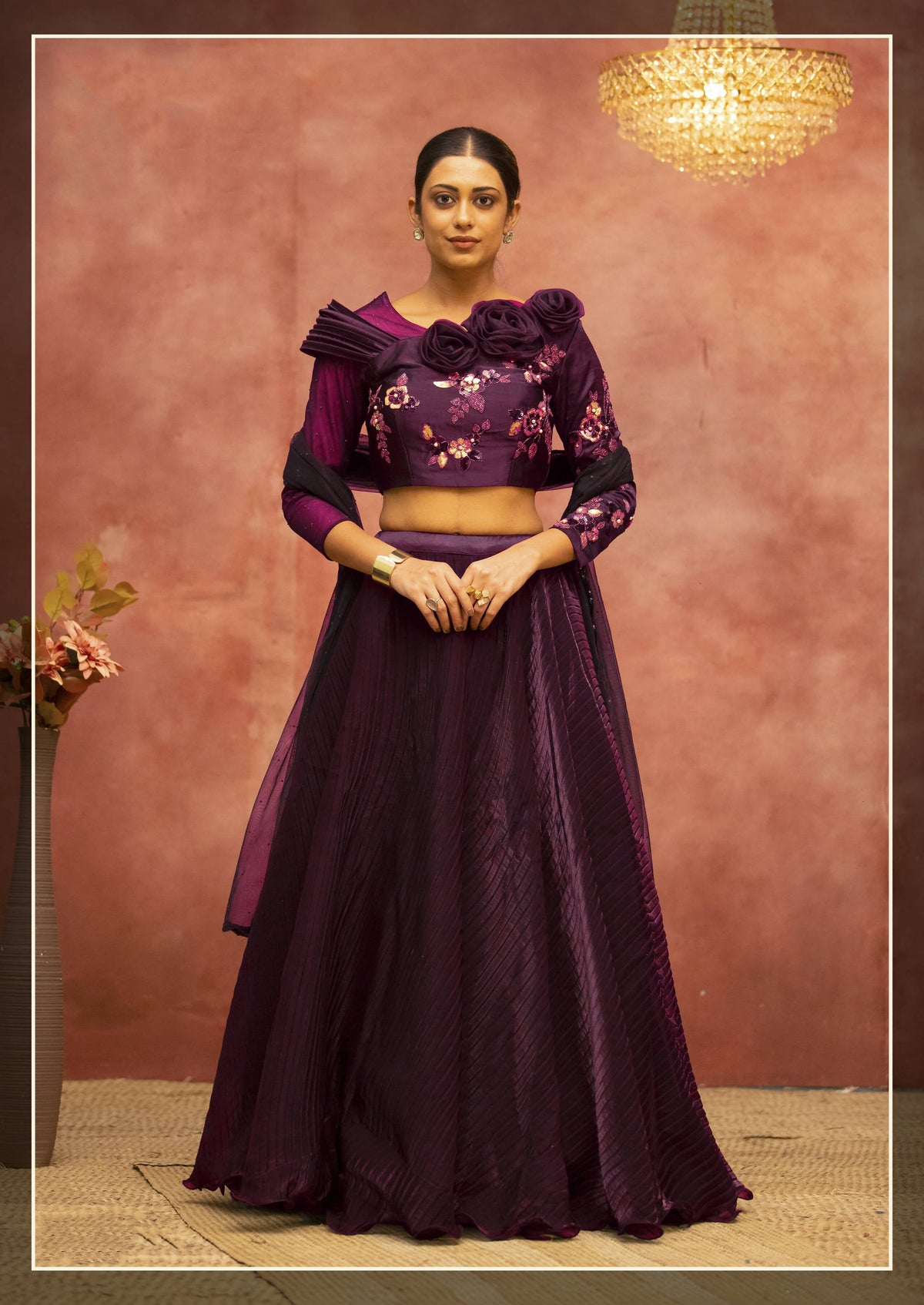 Wine Satin Silk Semi-Stitched Bridal Lehenga - Nimaya Bonanza | Grocsy
