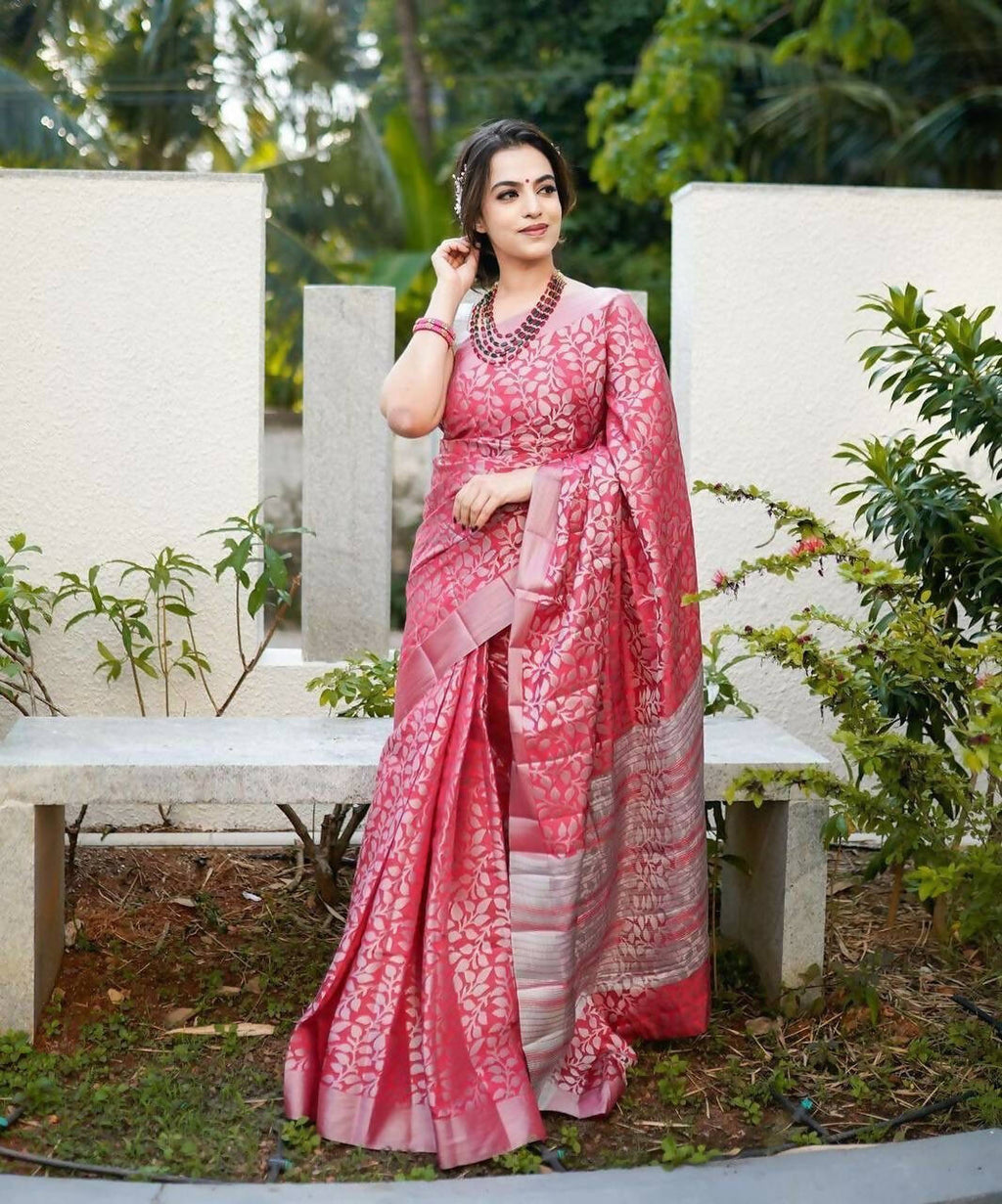 DEIANA'S Beautiful Designer Golden zari Soft Lichi Silk Saree - Pink | Grocsy