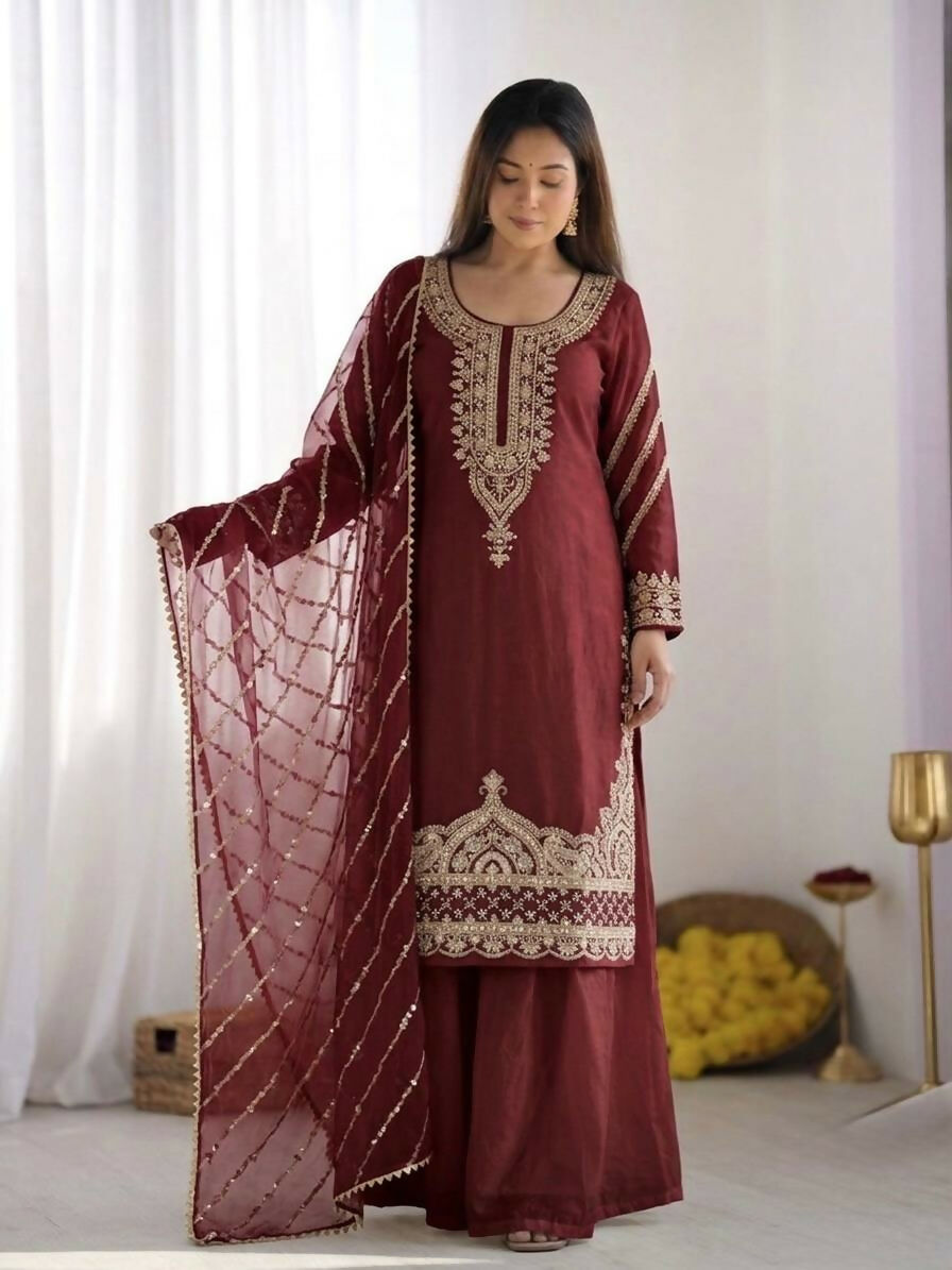 Teeya Creation Womens New Trendy Stylish Fancy Embroidery Beads Work Kurta Sharara Set For Wedding Wear - Red | Grocsy