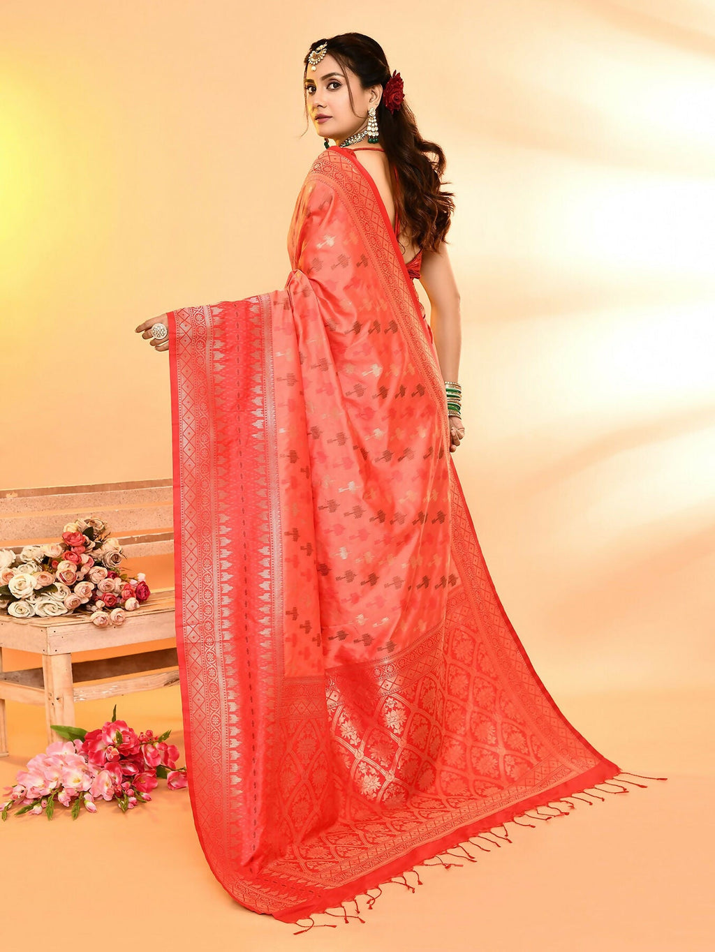 Joban Fashion Peach & Red Plain With Weaving Border Banarasi Silk Sarees | Grocsy