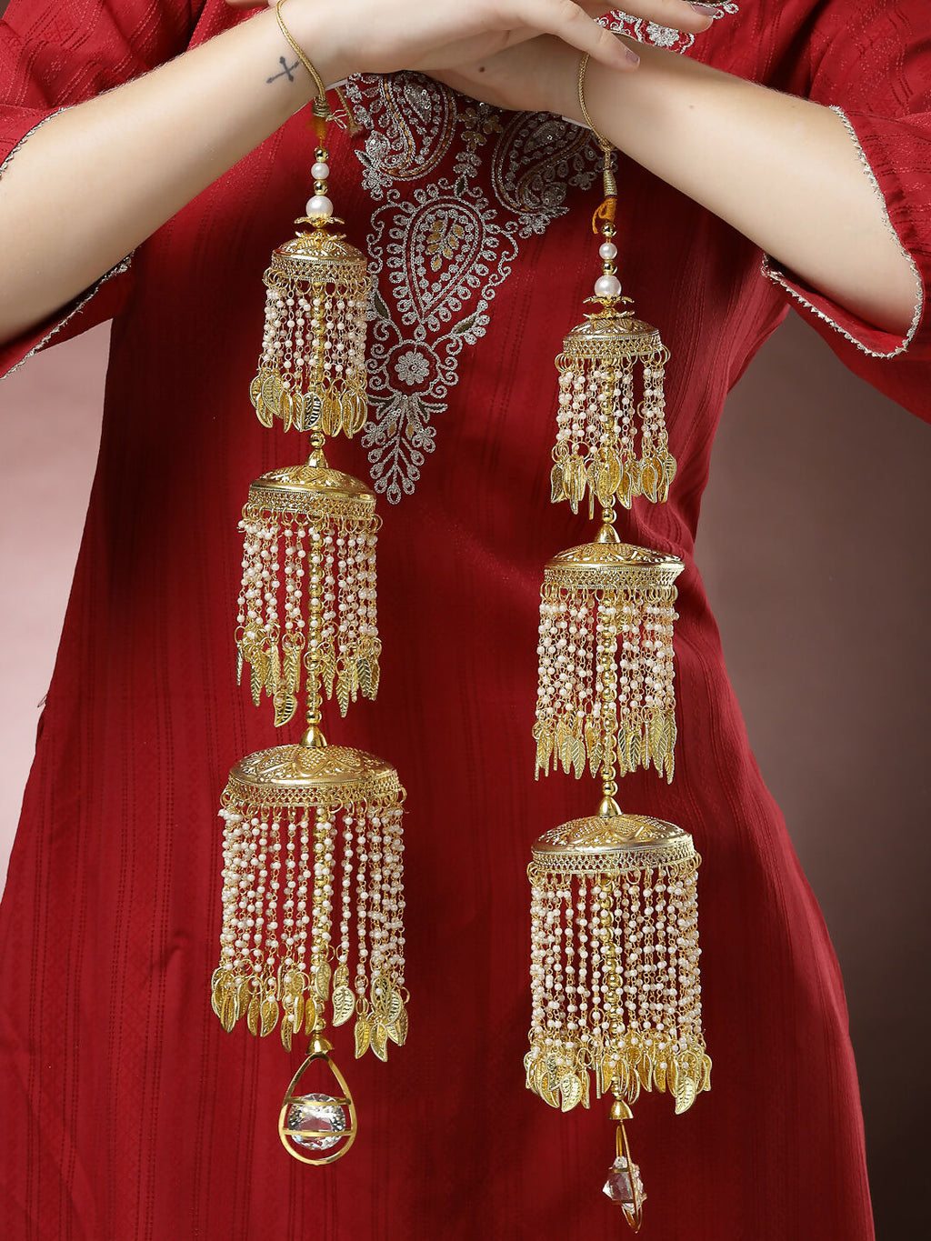 NVR Women's Pack Of 2 Gold-Polished & White Pearl Beaded Bridal Layered Heavy Kaleera Sets | Grocsy