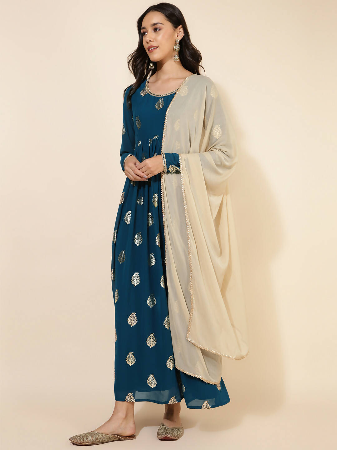 Janasya Women's Teal Blue Georgette Foil Printed Festive Flared Kurta Set | Grocsy
