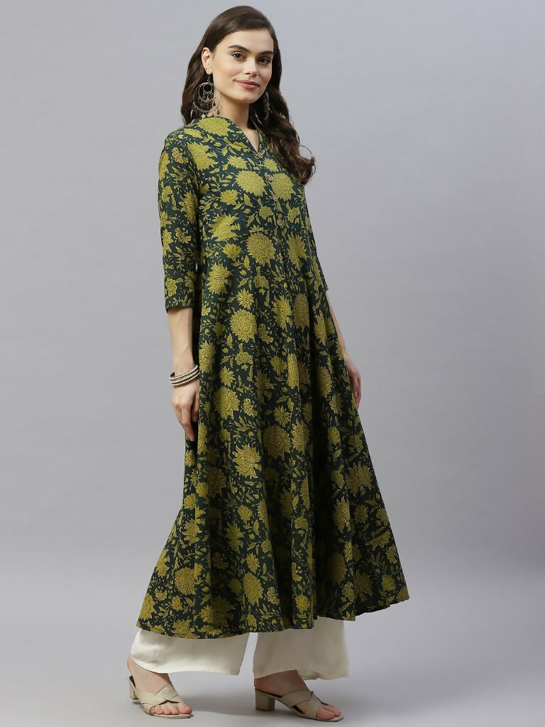 Miravan Women's Pure Cotton Printed Anarkali Kurta With Gold Print Dupattas | Grocsy