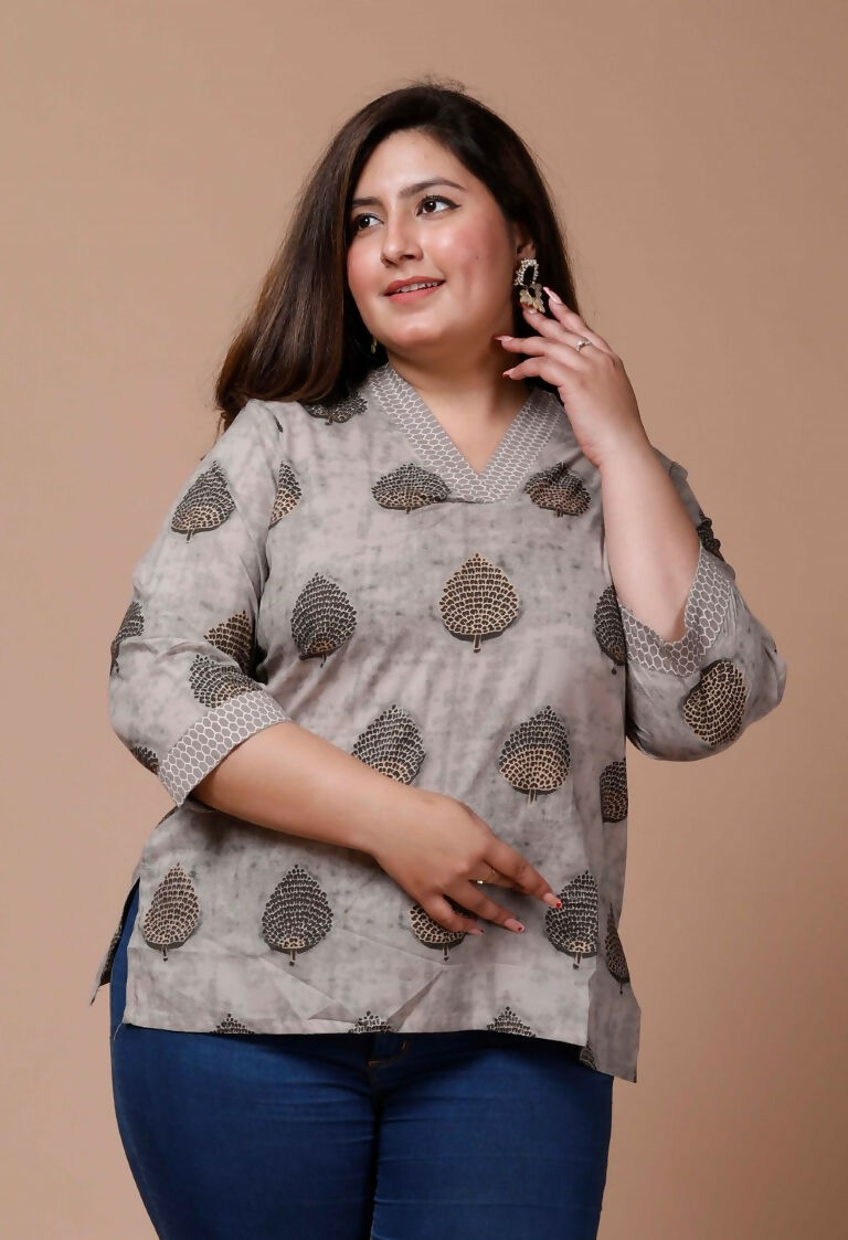 Miravan Women's Plus Size Floral Printed Beige Pure Cotton Kurti | Grocsy