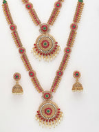 NVR Women's Set Of 2 Green & Red Stone Studded & Beaded Gold-Polished Temple Jewellery Set | Grocsy