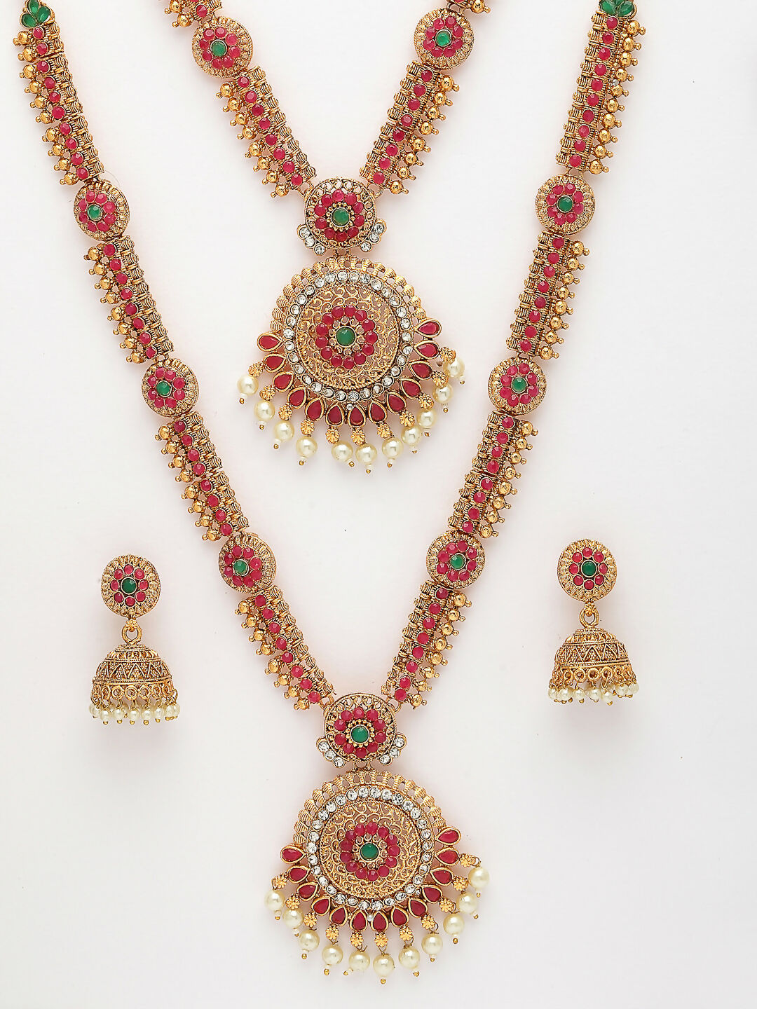 NVR Women's Set Of 2 Green & Red Stone Studded & Beaded Gold-Polished Temple Jewellery Set | Grocsy