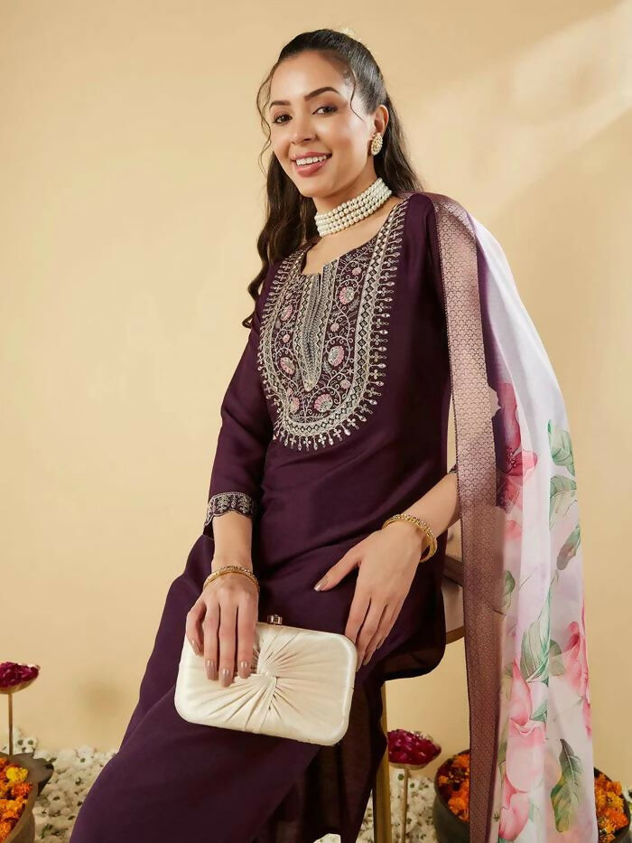 The52 Women's Beautiful Chanderi Silk Fabric Embroidery Work Straight Kurta Pant and Dupatta Set | Grocsy