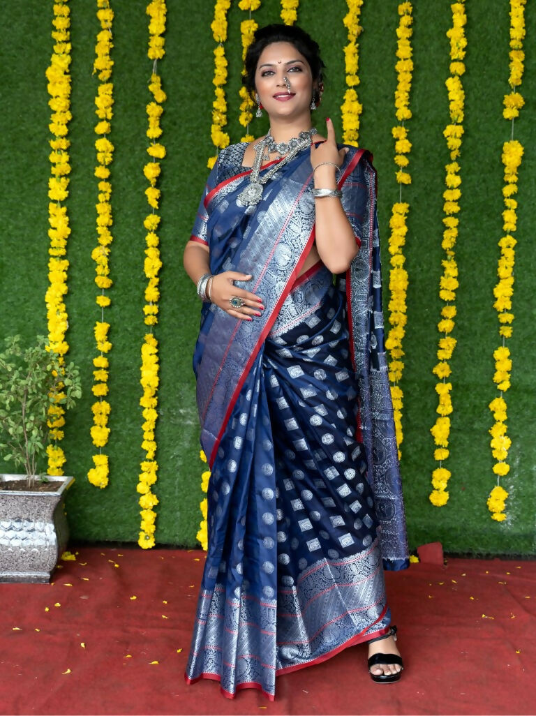 Jyoti Fashion Women's Navy Blue Soft Handloom Silk Zari Woven Saree with Blouse | Grocsy