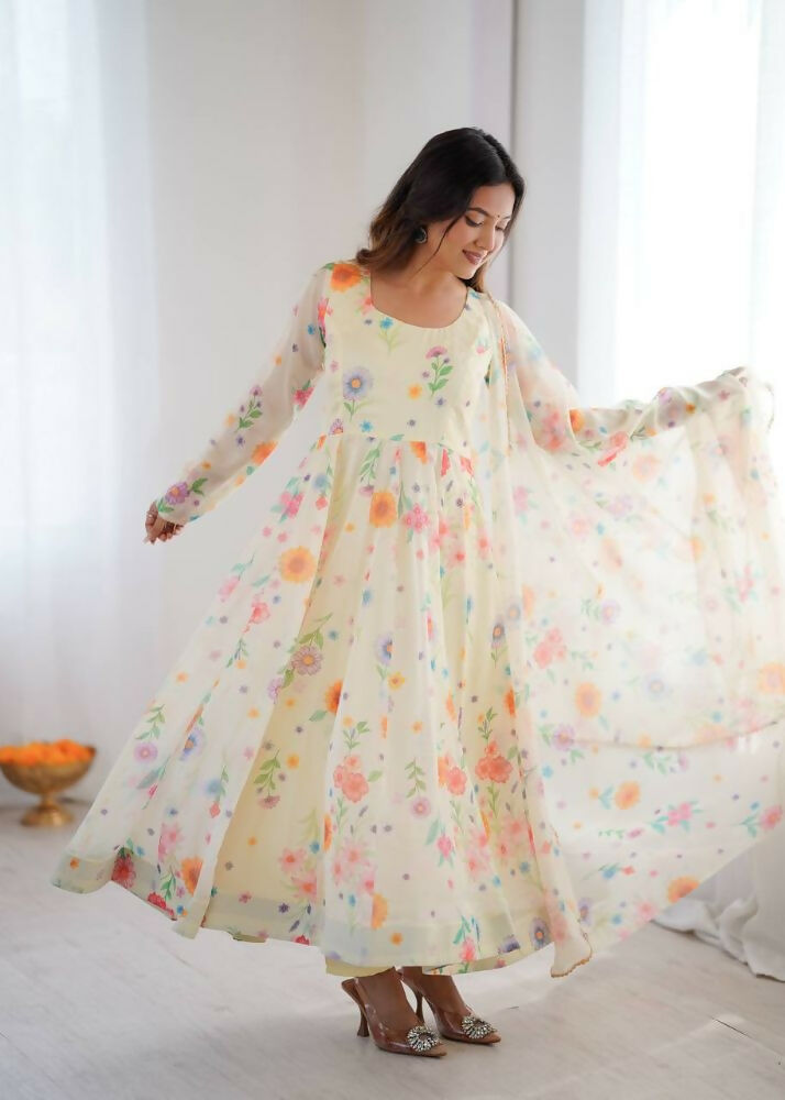 Teeya Creation Off White Soft Organza Digital Printed Party Wear Long Gown | Grocsy