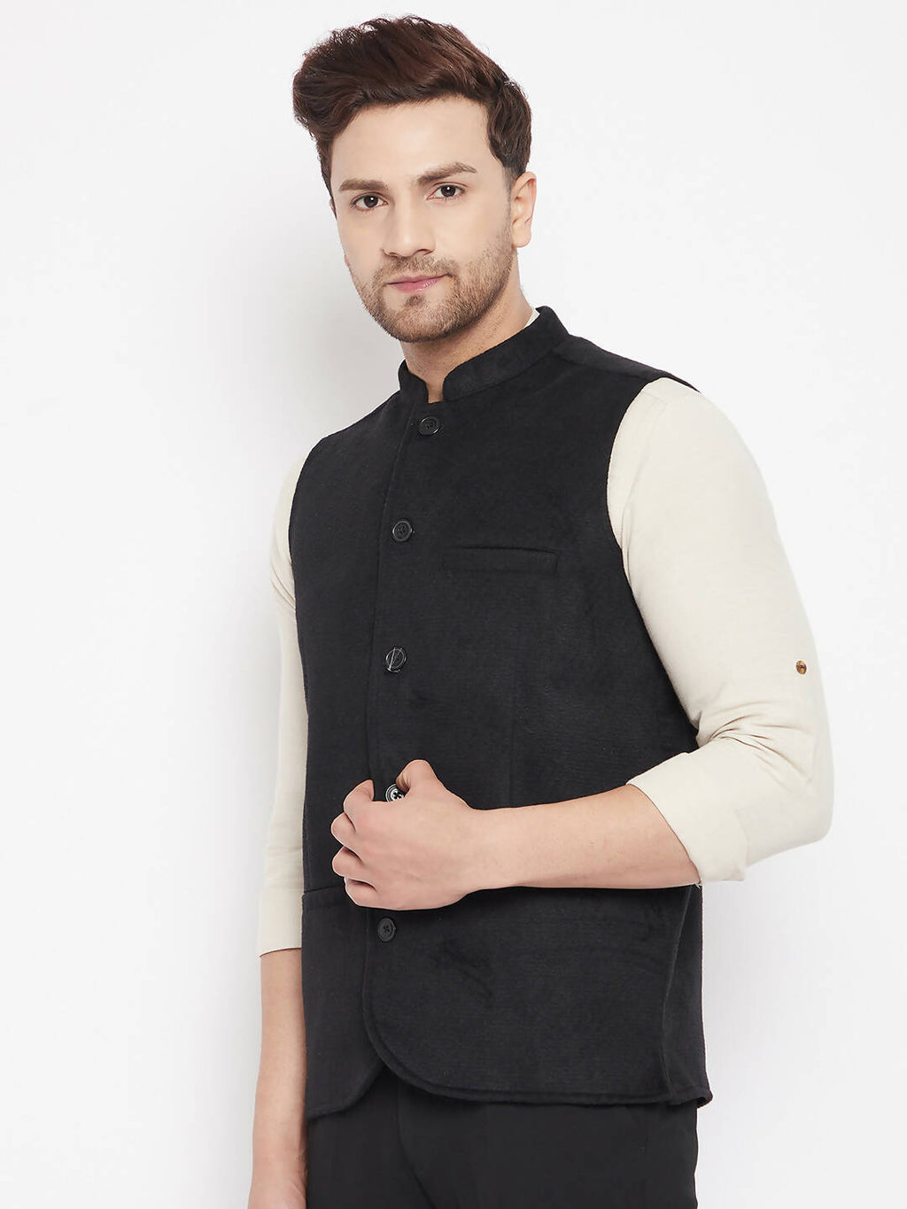 Even Apparels Black Wool Men Woven Nehru Jacket | Grocsy
