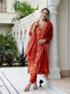 The52 Orange Women's Gorgeous Rayon Embroidered Straight Kurta with Pant And Dupatta Set | Grocsy