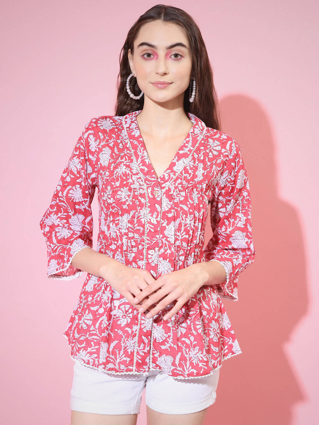 Myshka Women's Red Printed V-Neck Top | Grocsy