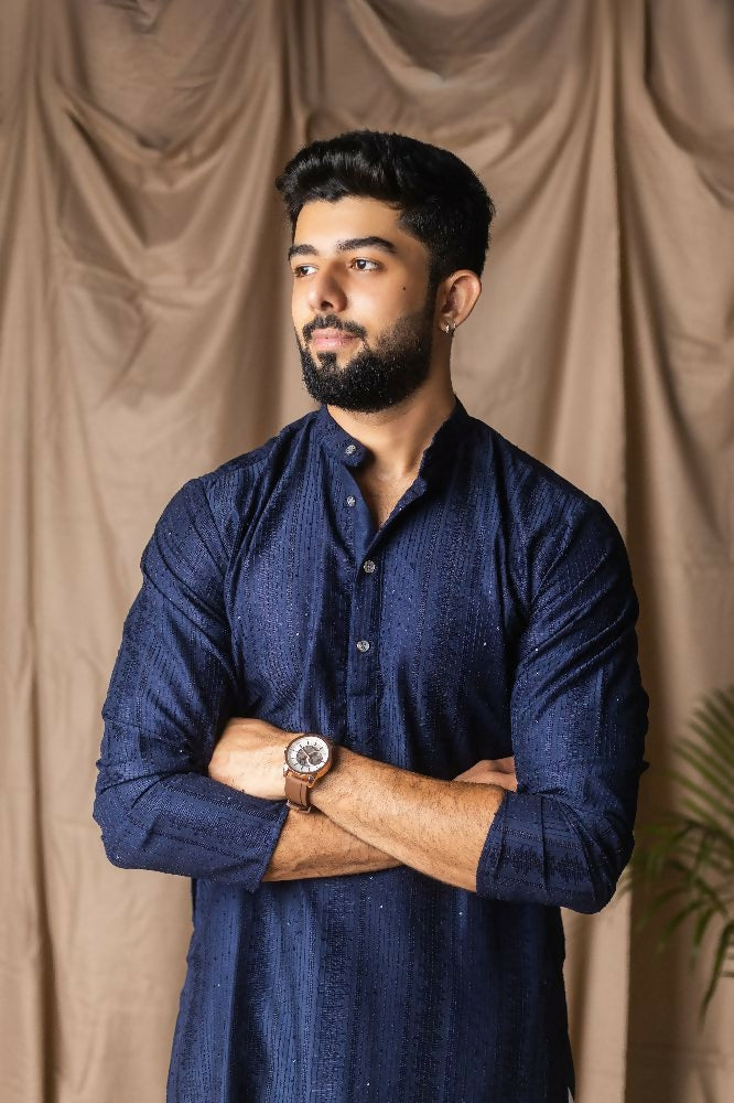Navy Blue Rayon Thread Embroidery Work Kurta Set - Mahotsav | Grocsy