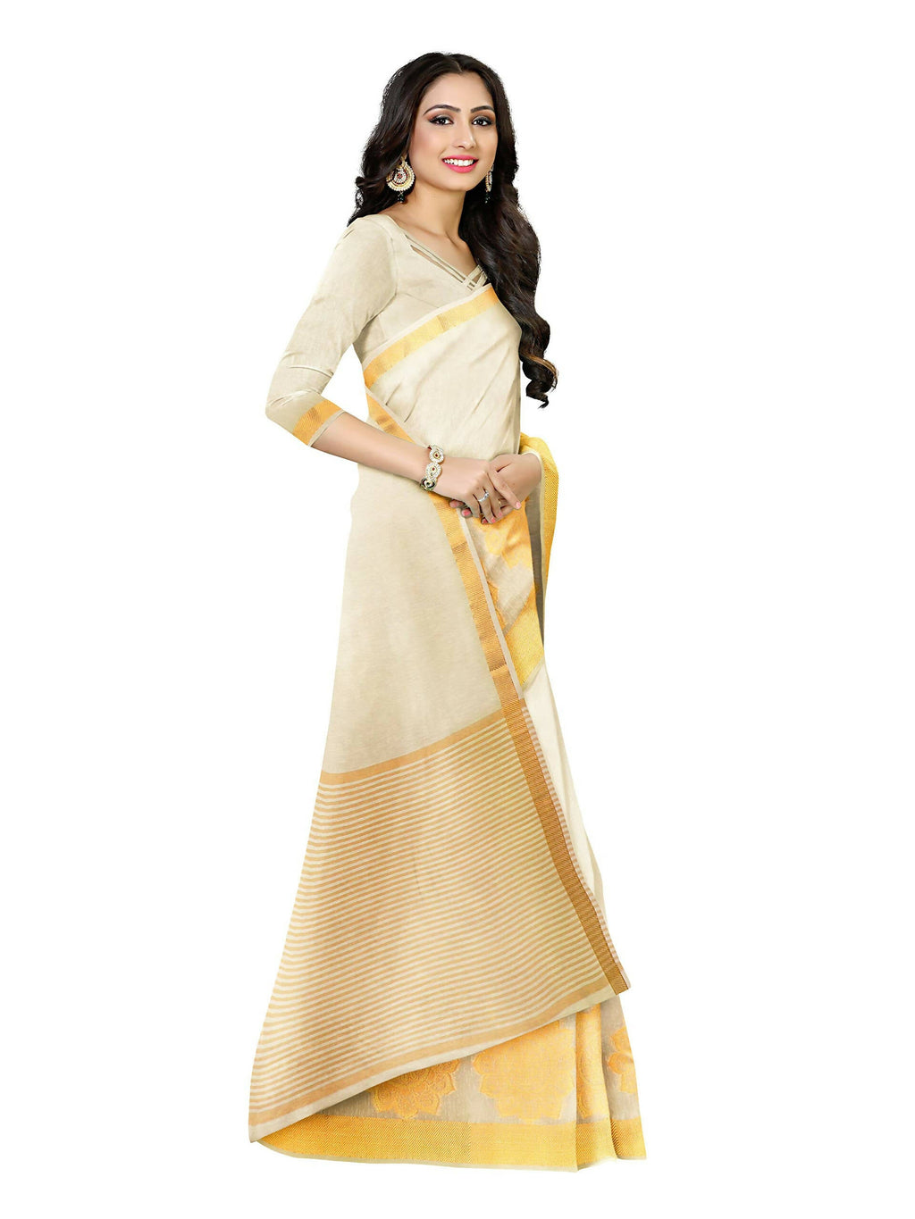 Mimosa Women's Off White Linen Blend Kasavu Saree | Grocsy