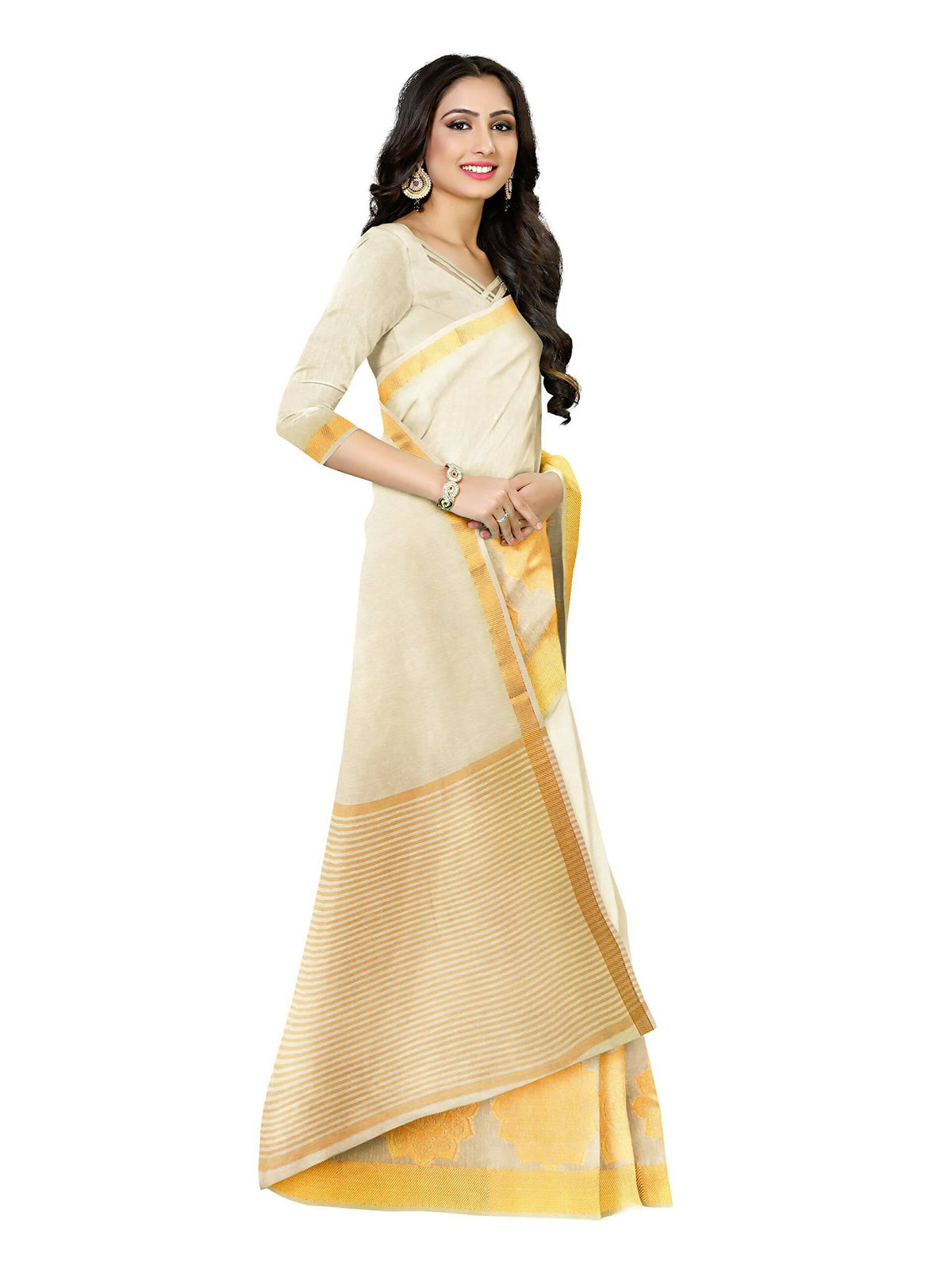 Mimosa Women's Off White Linen Blend Kasavu Saree | Grocsy