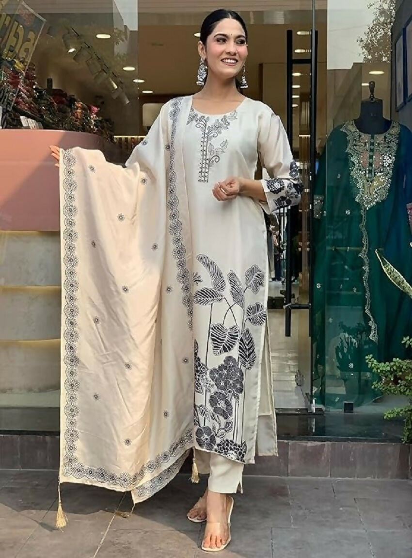 Teeya Creation New Womens Off-White Handloom Silk Embroidered Kurti Pant Set | Grocsy