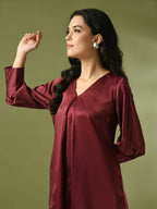 Myshka Women's Maroon Solid Satin V-Neck Party Tunic With Trousers Co-ord set | Grocsy
