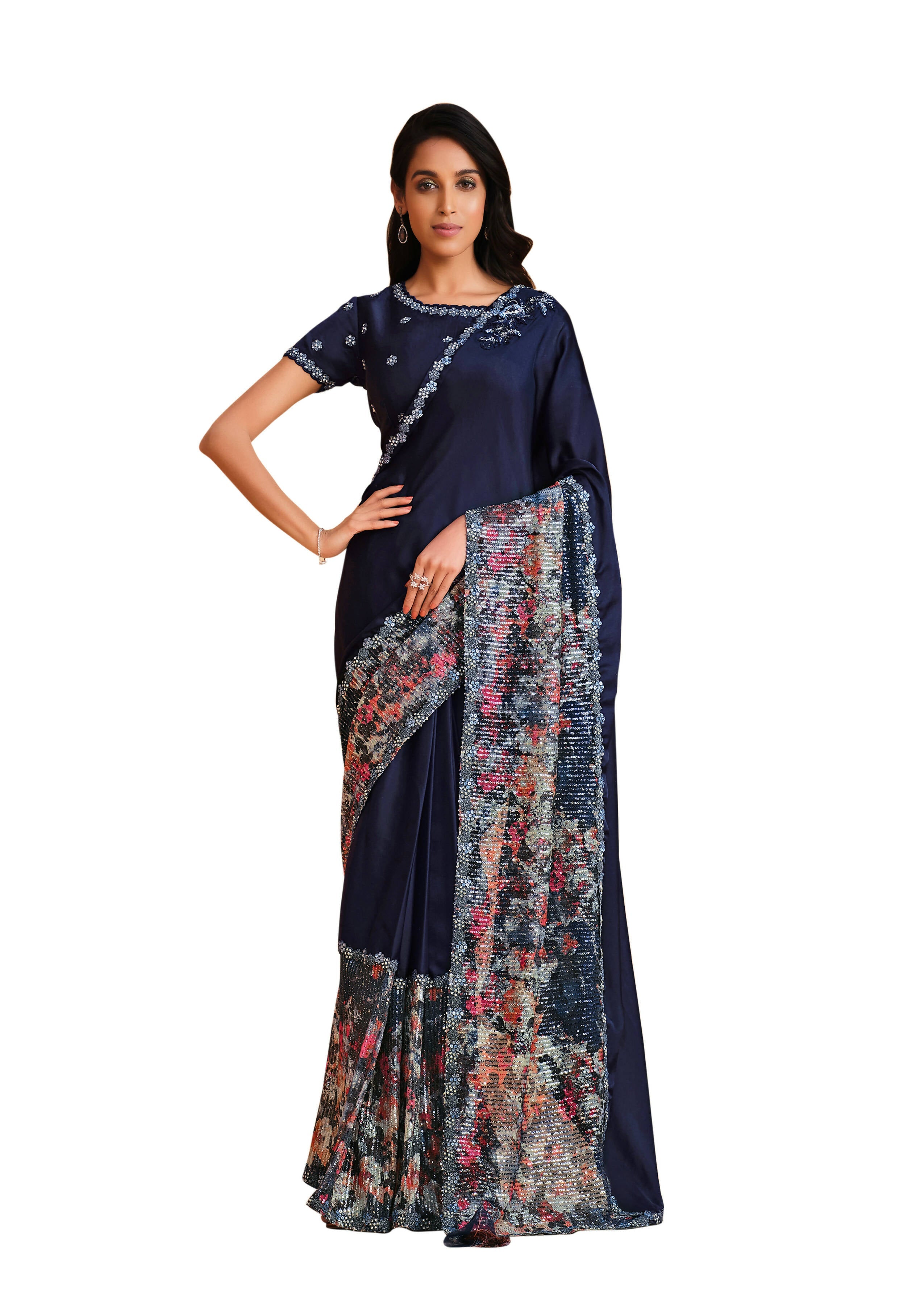 Blue Satin Crepe Silk Sequence Embroidered Saree With Unstitched Blouse - Mohmanthan Yavanika | Grocsy