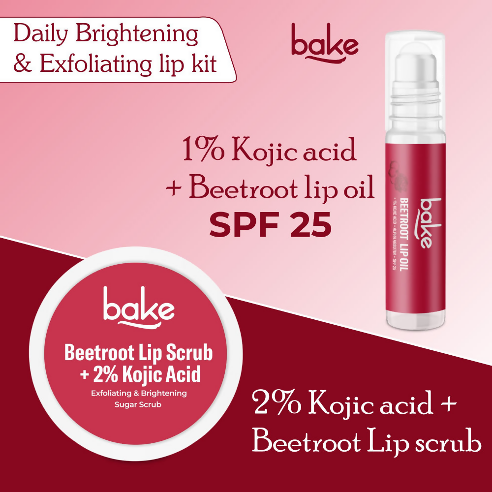 Bake Kojic Acid Beetroot Lip Kit With Lip Balm SPF 25 & Lip Scrub For Dark & Pigmented Lips | Grocsy