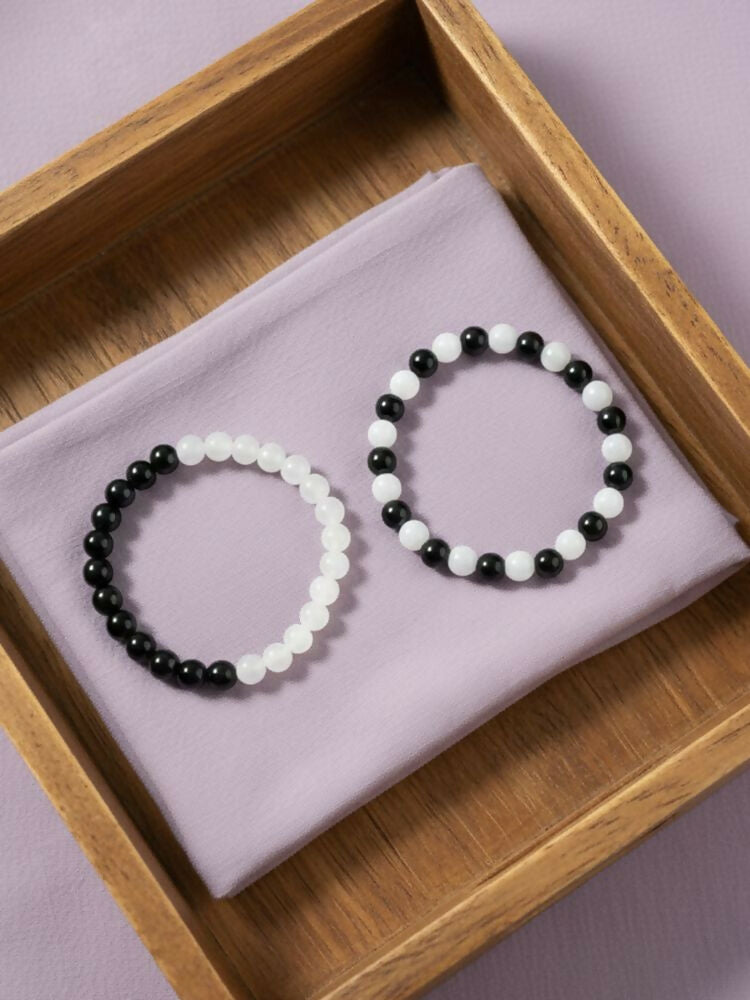 NVR Set of 2 Black & White crystal beaded Bracelet for Men & Women | Grocsy