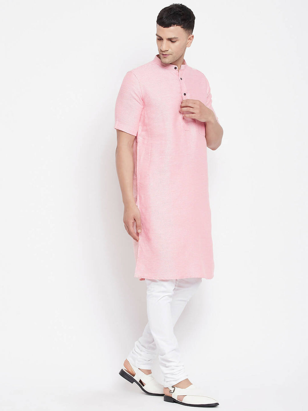 Even Apparels Pink Pure Cotton Men's H/S Kurta With Band Collar | Grocsy